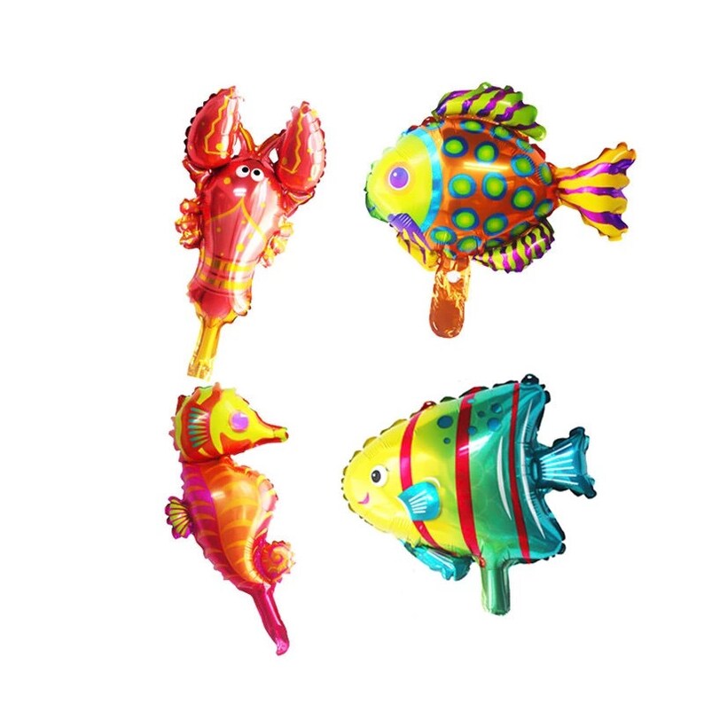 May include: Four colorful foil balloons shaped like a lobster, a seahorse, and two fish. The balloons are all in shades of red, orange, yellow, green, and blue.