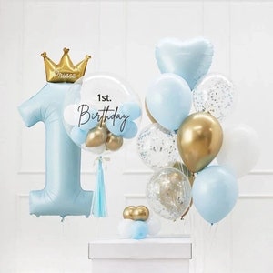 12pc Set Prince Crown Number Foil Balloons 1st Birthday Party Decorations Kids Boy Girl First One Year Anniversary