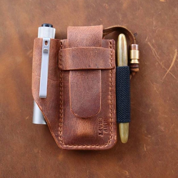 The BMF Extra Special --- EDC Handmade High Quality Leather Pocket Pouch for a Folder + Torch + Pen --- Custom Sizes Available.