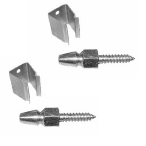 May include: Two silver metal screw-in hooks with a pointed tip and a metal bracket. The hooks are designed to be used for hanging items.