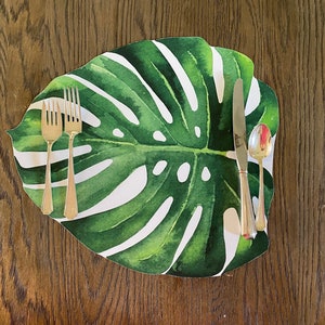 Monstera Leaf Placemat Tropical Watercolor Indoor Outdoor Poolside Beach Summer Southern Table setting Charger