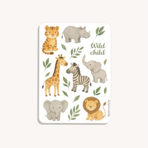 Foglio di adesivi con animali da safari - Adesivi in vinile con simpatici animali selvatici per bambini | Tappetino | Giraffa, elefante, leone, zebra