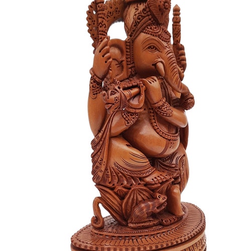 Ganesha Statue Playing Bansuri popular in Wooden, Fine Handcarved Idol, Lord of Prosperity, Fortune, and Success, Remover of Obstacles, (9 Inch)