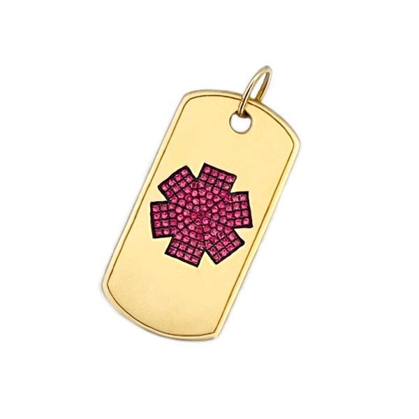 Gold Medical Alert Dog Tag with Ruby, Custom Engraved Medical ID Necklace, Diabetic Pendant, Gift for Nurse, Doctor, or EMT
