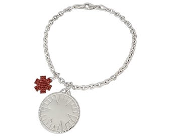 Sterling Silver Medical ID Bracelet: Engraved Medallion, Garnet Star