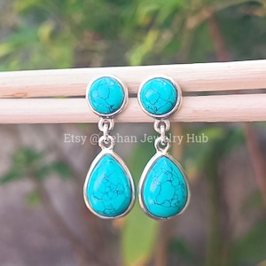 Pendientes de turquesa natural, pendientes de plata de ley 925, pendientes de turquesa Sleeping Beauty, pendientes de turquesa turca, pendientes de dos piedras, artículo de regalo