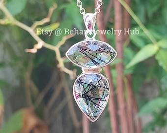 Ciondolo in quarzo rutilato naturale, ciondolo in argento sterling 925, tormalina nera, ciondolo in quarzo tormalato, regalo per lei