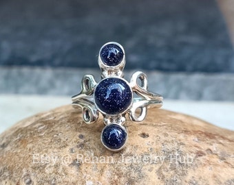 Natural Blue Sunstone Gemstone 925 Sterling Silver Ring Handmade Ring, Goldstone Ring, Dedicated Ring, Dainty Unisex Ring, Three Stone Ring