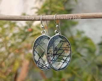 Natural Lovely Rutilated Quartz Earrings, 925 Sterling Silver Earrings, Black Tourmaline, Tourmalated Quartz Earrings, Earrings Gift for Her