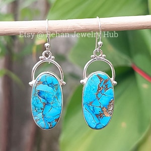 Natural Blue Copper Turquoise Earrings, 925 Sterling Silver Earrings, Blue Turquoise Earrings, Dangling Earrings for Women, Anniversary Gift