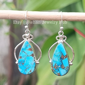 Natural Blue Copper Turquoise Earrings, 925 Sterling Silver Earrings, Blue Turquoise Earrings, Dangling Earrings for Women, Anniversary Gift
