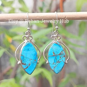 Natural Blue Copper Turquoise Earrings, 925 Sterling Silver Earrings, Blue Turquoise Earrings, Dangling Earrings for Women, Anniversary Gift