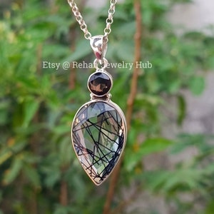 Natural Lovely Rutilated Quartz Pendant, 925 Sterling Silver Pendant, Black Tourmaline, Smoky Quartz Pendant, Tourmalated Quartz Pendant