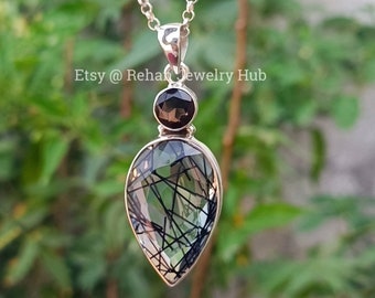 Natural Lovely Rutilated Quartz Pendant, 925 Sterling Silver Pendant, Black Tourmaline, Smoky Quartz Pendant, Tourmalated Quartz Pendant