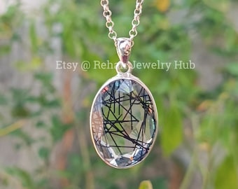 Ciondolo in quarzo rutilato naturale, ciondolo in argento sterling 925, tormalina nera, ciondolo in quarzo tormalinato, regalo per lei