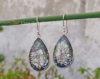 Natural Lovely Rutilated Quartz Earrings, 925 Sterling Silver Earrings, Black Tourmaline, Tourmalated Quartz Earrings, Earrings Gift for Her