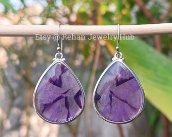 Brincos de Ametista Natural em Formato de Gota, Brincos em Prata de Lei 925, Brincos com Cabochão de Ametista, Joias de Ametista, Brincos de Fluoreto, Brincos para Presente