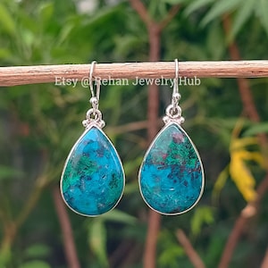 Natural Chrysocolla Malachite 925 Sterling Silver Earrings, Azurite Malachite Earrings, Chrysocolla Malachite Jewelry, Malachite Earrings