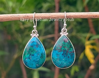 Natural Chrysocolla Malachite 925 Sterling Silver Earrings, Azurite Malachite Earrings, Chrysocolla Malachite Jewelry, Malachite Earrings