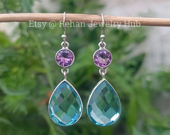 Natural Amethyst and Aquamarine Drop Earrings, 925 Sterling Silver Earrings, Purple Amethyst Earrings, Aquamarine Teardrop Earrings, Gift