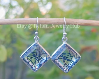 Natural Lovely Rutilated Quartz Earrings, 925 Sterling Silver Earrings, Black Tourmaline, Tourmalated Quartz Earrings, Earrings Gift for Her