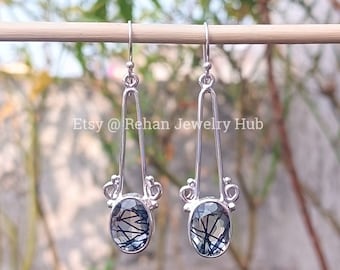 Natural Lovely Rutilated Quartz Earrings, 925 Sterling Silver Earrings, Black Tourmaline, Tourmalated Quartz Earrings, Earrings Gift for Her