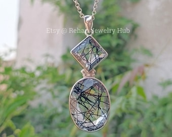 Ciondolo in quarzo rutilato naturale, ciondolo in argento sterling 925, tormalina nera, ciondolo in quarzo tormalato, regalo per lei