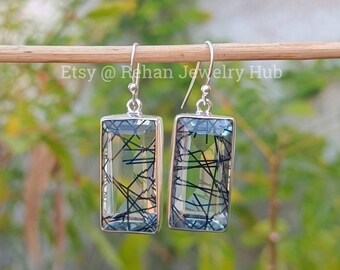 Natural Lovely Rutilated Quartz Earrings, 925 Sterling Silver Earrings, Black Tourmaline, Tourmalated Quartz Earrings, Earrings Gift for Her