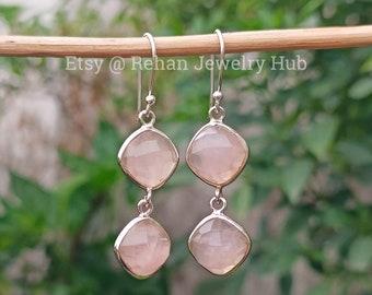 Beautiful Rose Quartz Earrings, 925 Sterling Silver Earrings, Pink Earrings, Tinny Earrings, Rose Quartz Long Drop Earrings, Dainty Earring