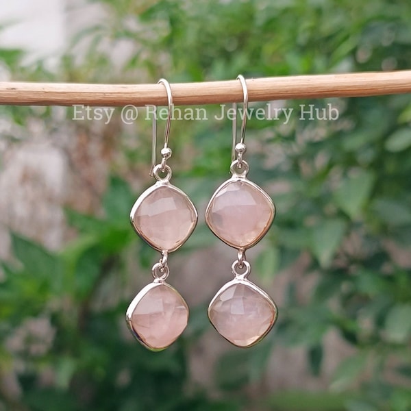 Bellissimi orecchini in quarzo rosa, orecchini in argento sterling 925, orecchini rosa, orecchini piccoli, orecchini lunghi a goccia in quarzo rosa, orecchini delicati