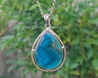 Natural Apatite Pendant, 925 Sterling Silver Pendant, Blue Apatite Pendant, Neon Apatite Pendant, Lovely Charm Pendant, Gift for Her
