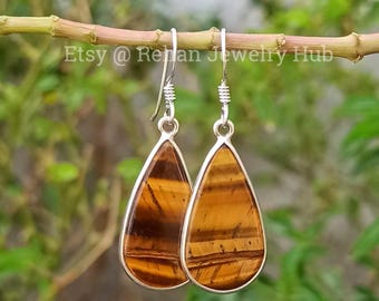 Natural Tiger's Eye Earrings, 925 Sterling Silver Earrings, Healing Jewelry, Tiger's Eye Jewelry, Tiger's Eye Teardrop Earrings, Gift Items