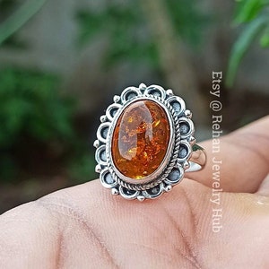 Natural Baltic Amber Stone 925 Sterling Silver Ring, Honey Baltic Amber Handmade Ring, Dedicated Ring, Dainty Unisex Ring, Cognac Amber
