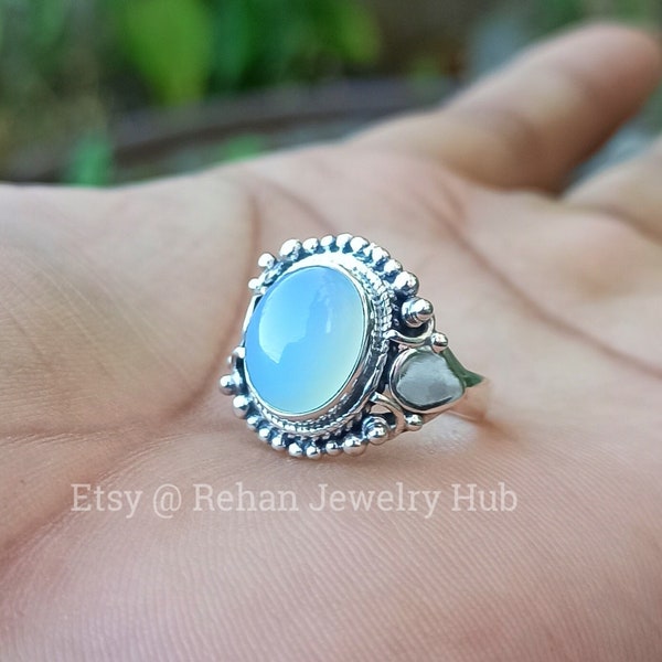 Anello in argento sterling 925 con pietra di calcite blu naturale Gioielli fatti a mano, bellissimo anello in argento con pera dal design a foglia