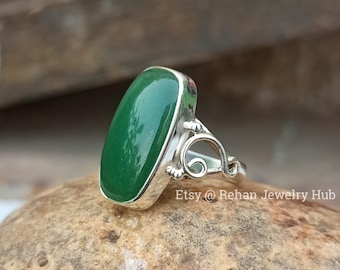 Natural Jade Stone Dainty Ring, August Birthstone, 925 Sterling Silver Ring, Rings for Women, Green Gemstone, Gifts for Women, Green Jade