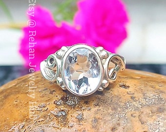 Anillo delicado de cristal transparente natural, anillos de plata de ley 925, anillo de piedra de 4 quilates, anillo de cristal facetado, anillo unisex, anillo de regalo de cumpleaños