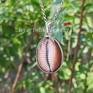 Natural Cowrie Shell Pendant, 925 Sterling Silver, Brown Cowrie Shell Pendant, Money Cowrie Shell Jewelry, Healing Meditation Stone