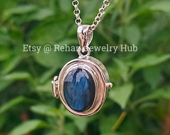 Pendentif labradorite naturelle, pendentif en argent sterling 925, pendentif boîte à poison labradorite, pendentif message secret, pendentif boîte à pilules ouvrable