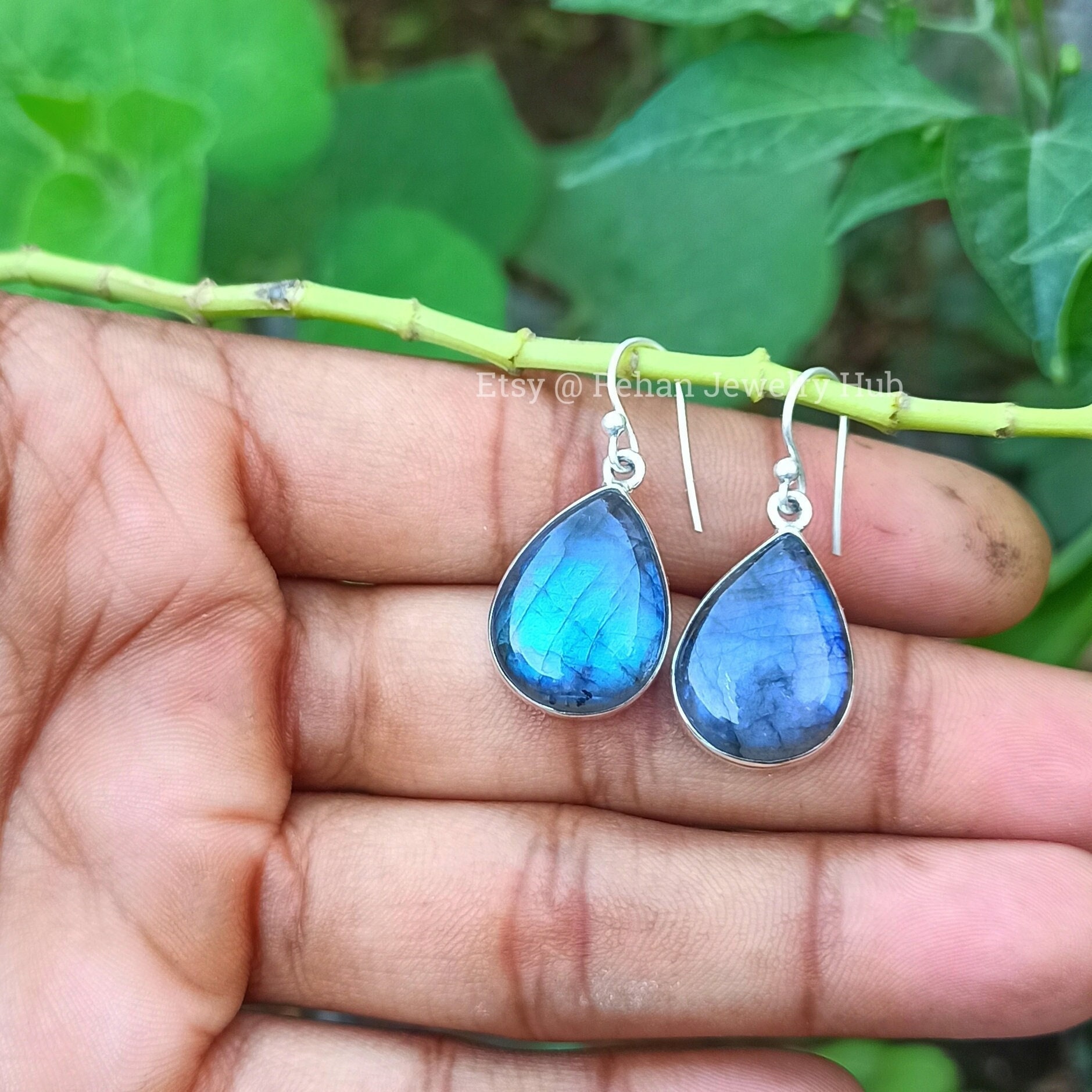 Boucles D'oreilles Argent Sterling 925 Avec Labradorite - Pierre Naturelle Bleue, Fait Main