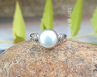 Anillo de perla natural, anillo de plata de ley 925, anillo con piedra de nacimiento de junio, anillo bohemio hecho a mano, anillo de perla delicado y apacible, joyería de perla, regalo