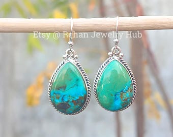 Natural Chrysocolla Malachite 925 Sterling Silver Earrings, Azurite Malachite Earrings, Chrysocolla Malachite Jewelry, Malachite Earrings