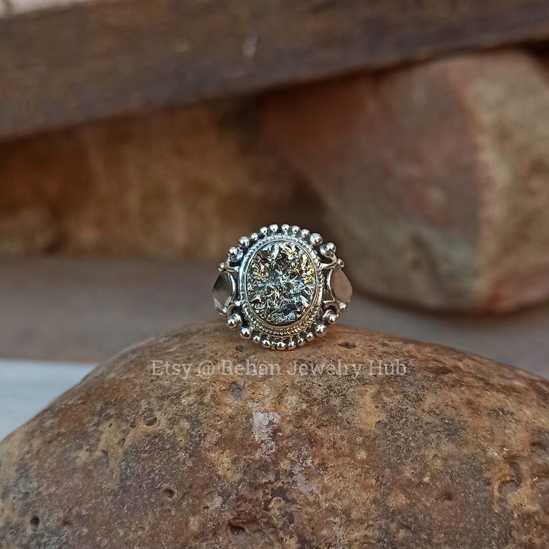 Bague en argent sterling 925 avec pyrite dorée naturelle brute