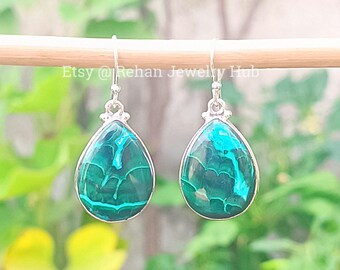 Natural Chrysocolla Malachite 925 Sterling Silver Earrings, Azurite Malachite Earrings, Chrysocolla Malachite Jewelry, Malachite Earrings