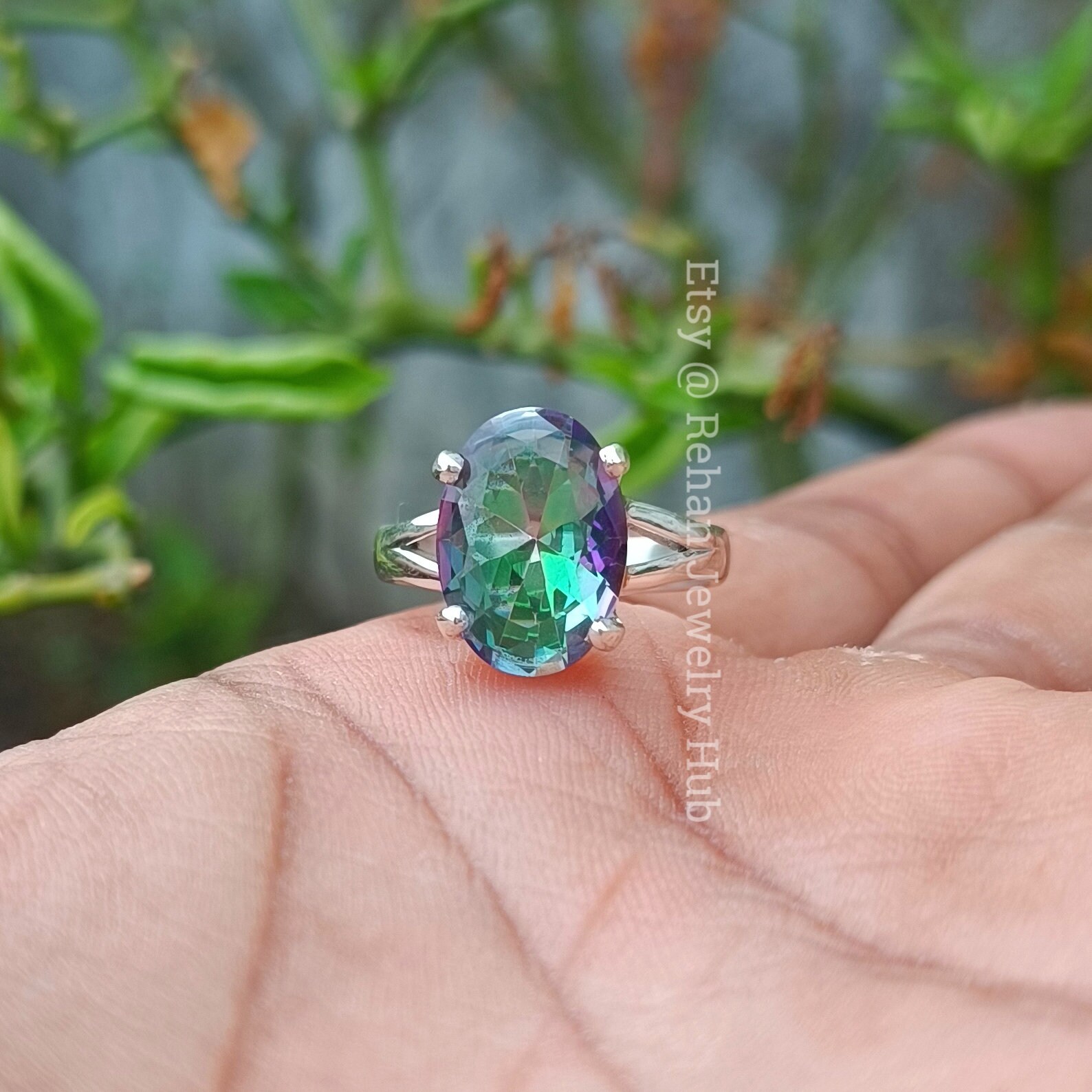 天然ミスティックトパーズ華奢リング、925スターリングシルバー