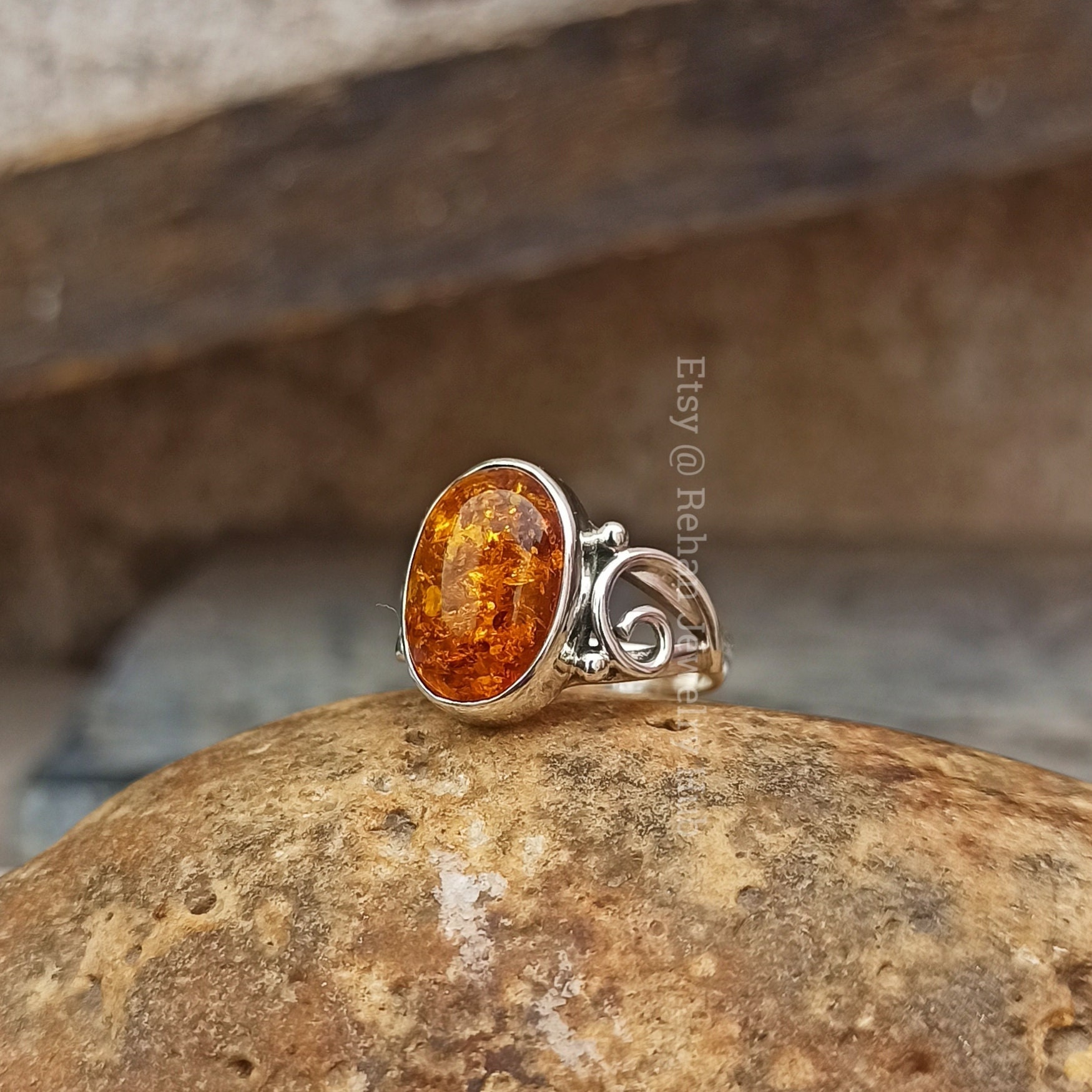 Natural Baltic Amber Stone 925 Sterling Silver Ring, Honey Baltic