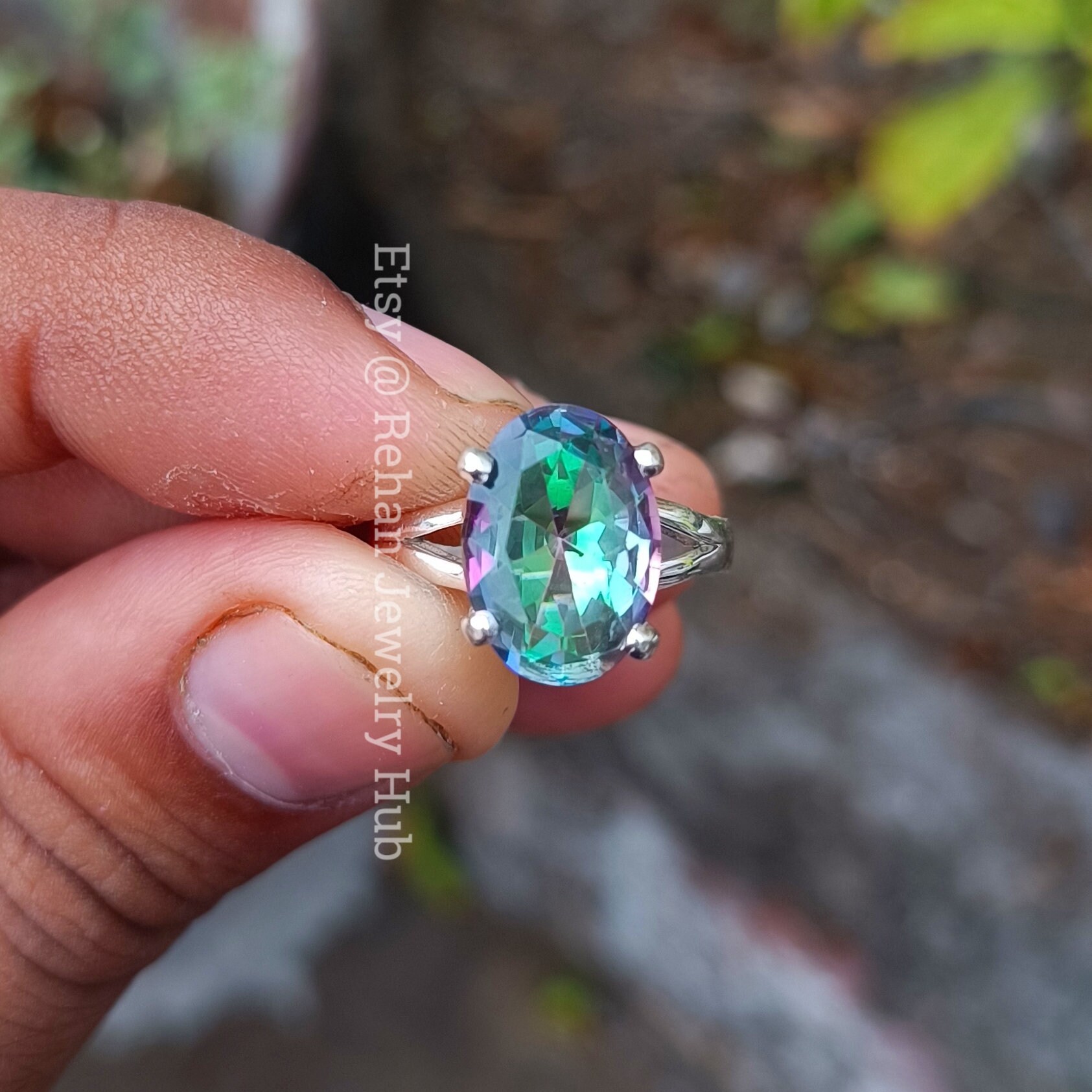 天然ミスティックトパーズ華奢リング、925スターリングシルバー