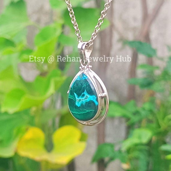 Natural Chrysocolla Malachite 925 Sterling Silver Pendant, Azurite