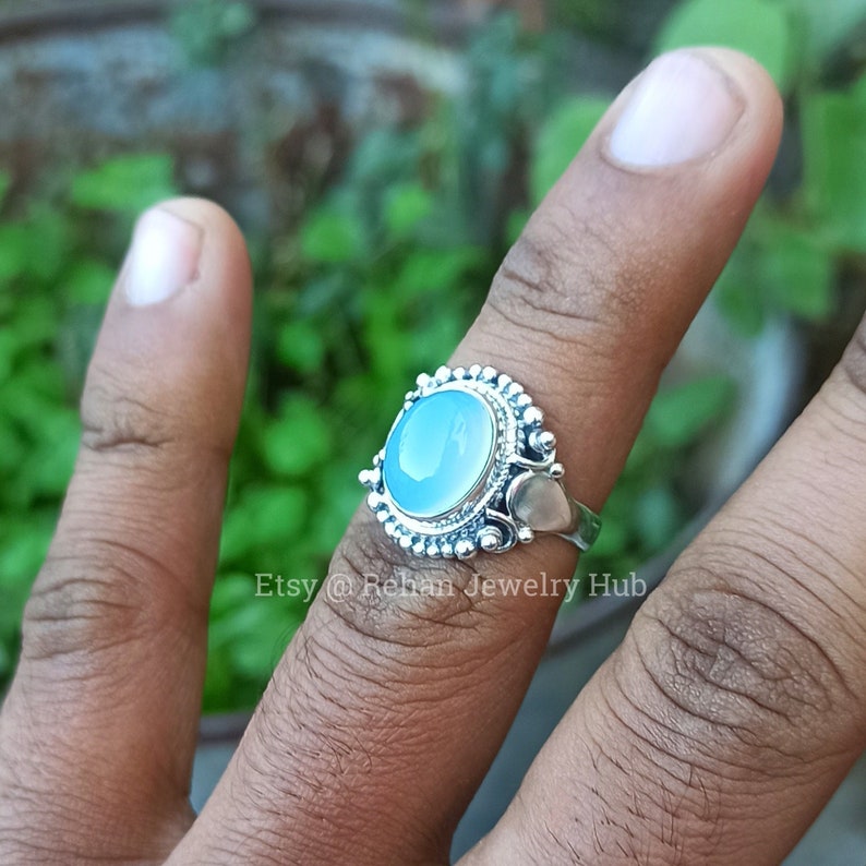 Natural Blue Calcite Stone 925 Sterling Silver Ring Handmade Jewelry, Beautiful Leaf Design Pear Silver Ring image 5