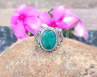 Natural Raw Emerald  925 Sterling Silver Rings, 7 Carat Stone, Raw Emerald Stone Rings, Emerald Delicate Ring, Emerald Unisex Rings, Gift