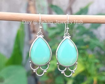 Chrysoprase Chalcedony Stone 925 Sterling Silver Earring, Chrysoprase Chalcedony Earrings, Green Chalcedony Earrings, Teardrop Earrings